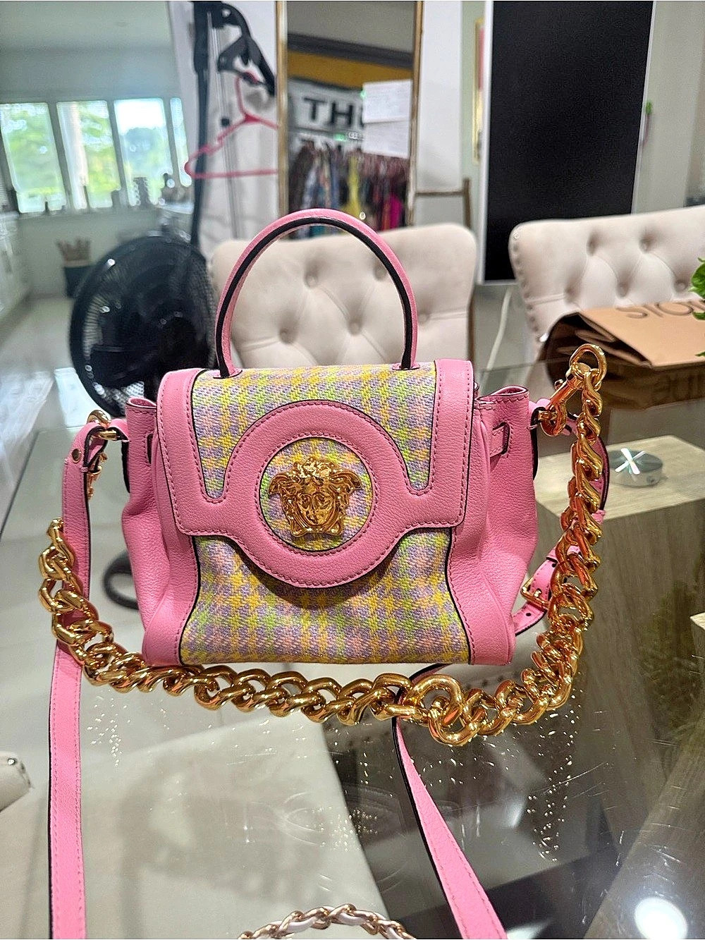 Versace Tweed and Pink Leather Medusa Small Top Handle Bag